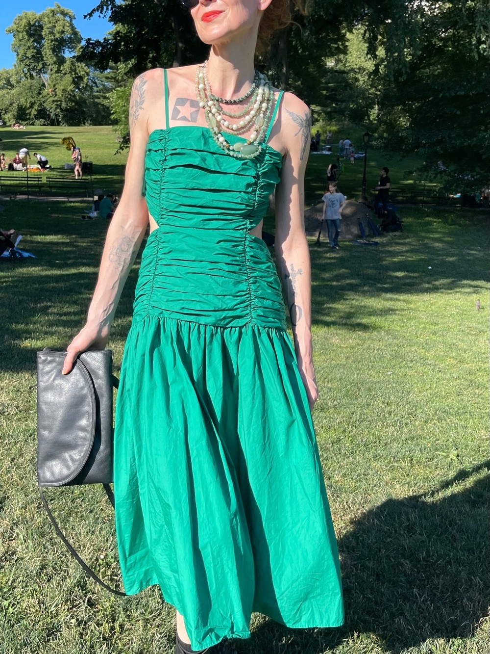 Emerald cotton Ruched open back Sundress with Spaghetti Straps